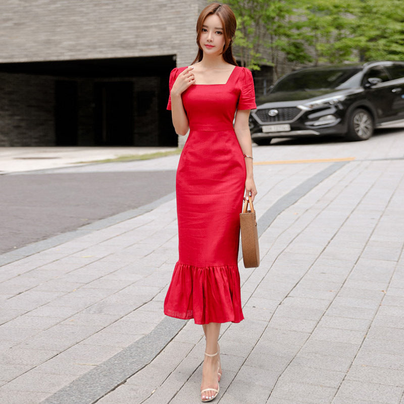 Red long ruffled slit dress