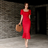 Red long ruffled slit dress