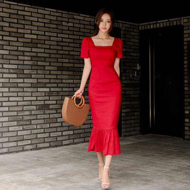 Red long ruffled slit dress