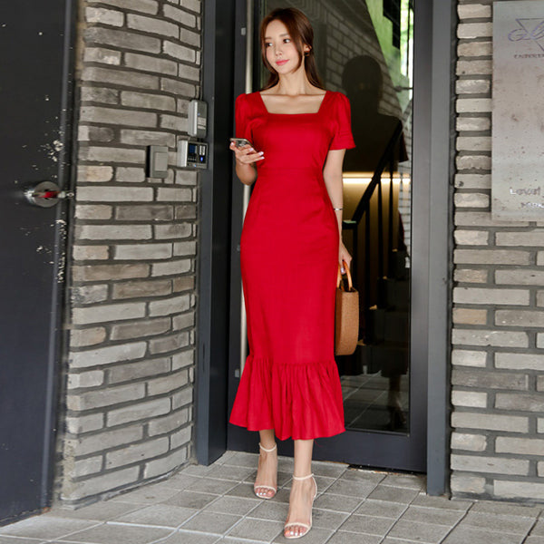 Red long ruffled slit dress