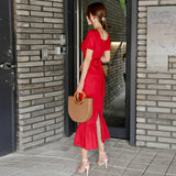 Red long ruffled slit dress