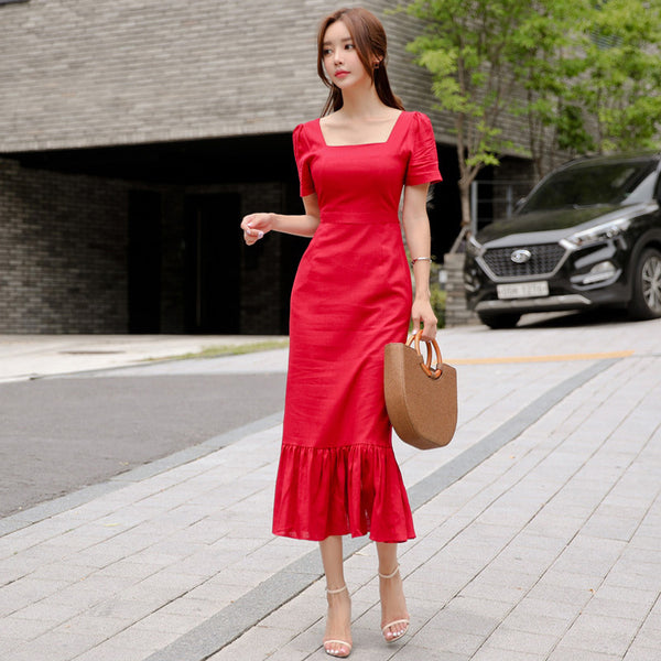 Red long ruffled slit dress